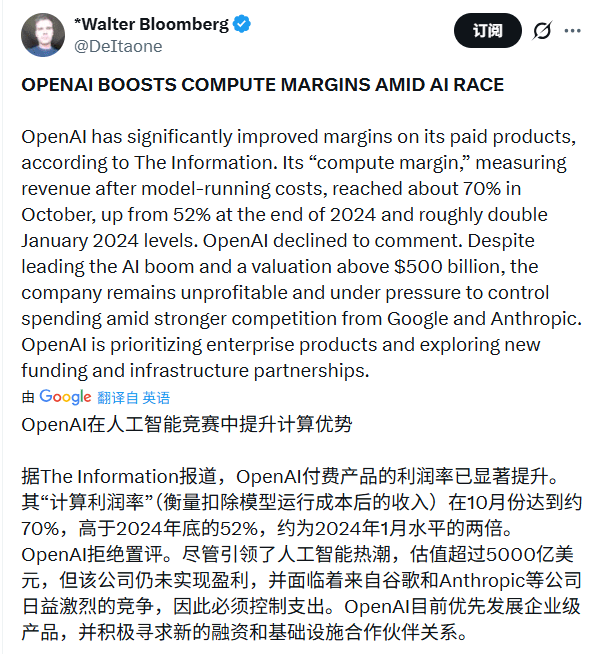 OpenAI计算利润率飙升至70% 付费用户业务盈利难题待解(图1) OpenAI计算利润率飙升至70% 付费用户业务盈利难题待解(图1)